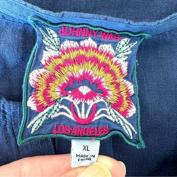 JOHNNY WAS Maisie Blue Linen w Multicolor Embroidery Easy Button Mini Dress XL - Picture 14 of 16